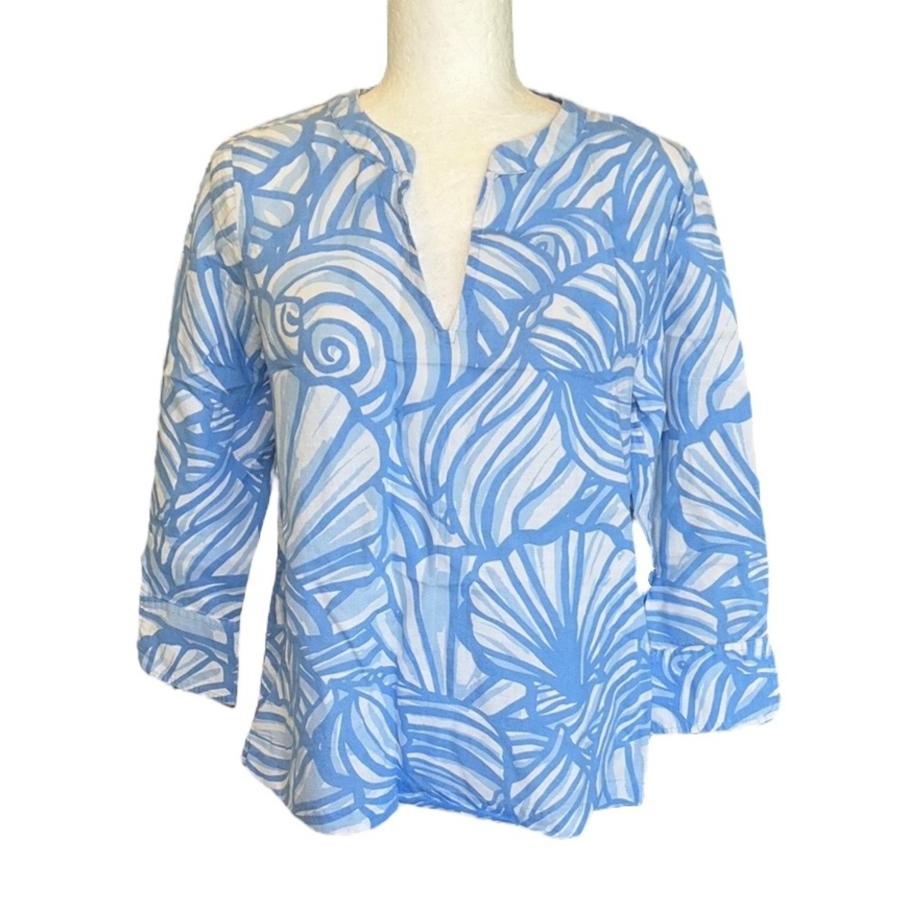 Vineyard Vines Nautilus Shell Print Blue & White Linen Tunic Top - XS